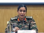 Colonel Sofiya Qureshi briefing the media on ‘Operation Sindoor’, in New Delhi on Saturday.