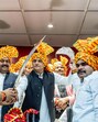 Samajwadi Party chief Akhilesh Yadav holds a sword during a press conference on the occasion of Maharana Pratap Jayanti, at the party office in Lucknow on Friday. (Akhilesh Yadav - X)
