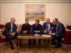 From left, British Prime Minister Keir Starmer, President Volodymyr Zelenskyy, French President Emmanuel Macron, Polish Prime Minister Donald Tusk and German Chancellor Friedrich Merz make a call to U.S. President Donald Trump from Kyiv, Ukraine, on Saturday, May 10, 2025.