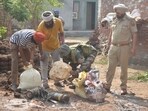 Debris of a projectile found at village Wadala in Amritsar on Friday. (Sameer Sehgal/HT photo)