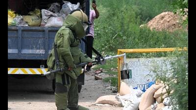 A specialised bomb disposal unit from Chandimandir was called in for expert handling of the improvised explosive device. The operation was conducted under strict safety protocols in a controlled environment outside city limits, said authorities. (Ravi Kumar/HT)