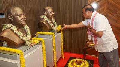Assam chief minister Himanta Biswa Sarma pays tributeon the completion of four years of the Bharatiya Janata Party-led government in the state. (ANI) Assam chief minister Himanta Biswa Sarma pays tributeon the completion of four years of the Bharatiya Janata Party-led government in the state. (ANI)