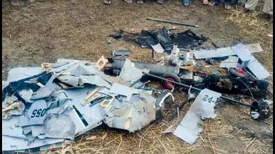 Debris of a suspicious object resembling remains of a drone found in the Indora area of Nurpur in Kangra district of Himachal Pradesh on Saturday. (PTI Photo) Debris of a suspicious object resembling remains of a drone found in the Indora area of Nurpur in Kangra district of Himachal Pradesh on Saturday. (PTI Photo)