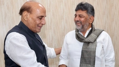 Karnataka deputy CM DK Shivakumar with Union Defence Minister Rajnath Singh Karnataka deputy CM DK Shivakumar with Union Defence Minister Rajnath Singh