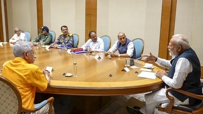 PM Narendra Modi chairs a meeting with ministers and officials after the ceasefire was announced on Saturday. (PMO) PM Narendra Modi chairs a meeting with ministers and officials after the ceasefire was announced on Saturday. (PMO)