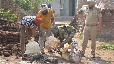 Debris of a projectile found at village Wadala in Amritsar on Friday. (Sameer Sehgal/HT photo) Debris of a projectile found at village Wadala in Amritsar on Friday. (Sameer Sehgal/HT photo)