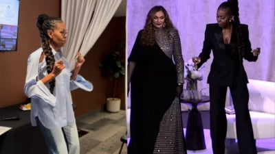 The video opens with Michelle Obama dancing alone before Tina Knowles joins in to groove by her side. (Instagram/@MichelleObama) The video opens with Michelle Obama dancing alone before Tina Knowles joins in to groove by her side. (Instagram/@MichelleObama)