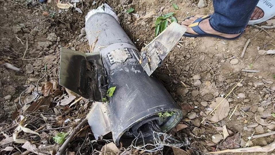 The debris of an unidentified projectile that landed amid the escalated conflict between India and Pakistan, near Chintpurni temple of Una district in Himachal Pradesh on Saturday. (PTI Photo) The debris of an unidentified projectile that landed amid the escalated conflict between India and Pakistan, near Chintpurni temple of Una district in Himachal Pradesh on Saturday. (PTI Photo)