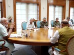 Prime Minister Narendra Modi chairs a meeting with External Affairs Minister Dr S Jaishankar, Defence Minister Rajnath Singh, NSA Ajit Doval, Chief of Defence Staff General Anil Chauhan, Chief of the Air Staff Air Chief Marshal A P Singh, Navy Chief Admiral Dinesh Kumar Tripathi and Chief of the Army Staff General Upendra Dwivedi, at his residence in New Delhi on Sunday. Prime Minister Narendra Modi chairs a meeting with External Affairs Minister Dr S Jaishankar, Defence Minister Rajnath Singh, NSA Ajit Doval, Chief of Defence Staff General Anil Chauhan, Chief of the Air Staff Air Chief Marshal A P Singh, Navy Chief Admiral Dinesh Kumar Tripathi and Chief of the Army Staff General Upendra Dwivedi, at his residence in New Delhi on Sunday.