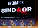 Air Marshal AK Bharti, Lieutenant General Rajiv Ghai, Vice Admiral AN Pramod and Major General SS Sharda attend a press briefing.