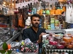 Hazoor Sheikh, a shop owner, waits for customers at his store in the market near the main bus stand in the border town of Poonch in India's Jammu region on May 11, 2025. Hazoor Sheikh, a shop owner, waits for customers at his store in the market near the main bus stand in the border town of Poonch in India's Jammu region on May 11, 2025.