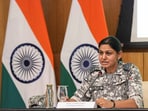 IAF officer Wing Commander Vyomika Singh addresses a press conference, in New Delhi, Saturday