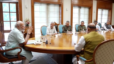 Prime Minister Narendra Modi chairs a meeting with External Affairs Minister Dr S Jaishankar, Defence Minister Rajnath Singh, NSA Ajit Doval, Chief of Defence Staff General Anil Chauhan, Chief of the Air Staff Air Chief Marshal A P Singh, Navy Chief Admiral Dinesh Kumar Tripathi and Chief of the Army Staff General Upendra Dwivedi, at his residence in New Delhi on Sunday. (ANI X) Prime Minister Narendra Modi chairs a meeting with External Affairs Minister Dr S Jaishankar, Defence Minister Rajnath Singh, NSA Ajit Doval, Chief of Defence Staff General Anil Chauhan, Chief of the Air Staff Air Chief Marshal A P Singh, Navy Chief Admiral Dinesh Kumar Tripathi and Chief of the Army Staff General Upendra Dwivedi, at his residence in New Delhi on Sunday. (ANI X)
