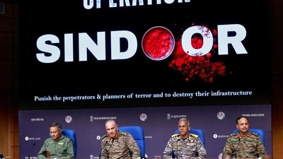 Air Marshal AK Bharti, Lieutenant General Rajiv Ghai, Vice Admiral AN Pramod and Major General SS Sharda attend a press briefing at the National Media Centre in New Delhi n Sunday. (REUTERS) Air Marshal AK Bharti, Lieutenant General Rajiv Ghai, Vice Admiral AN Pramod and Major General SS Sharda attend a press briefing at the National Media Centre in New Delhi n Sunday. (REUTERS)