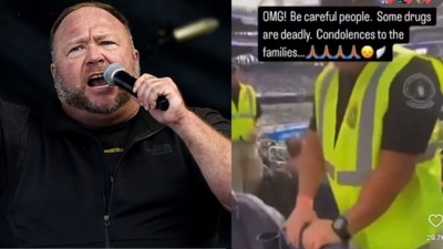 Alex Jones claimed a couple died of fentanyl overdose while watching a game at SoFi Stadium in California. (AP and X/Alex Jones) Alex Jones claimed a couple died of fentanyl overdose while watching a game at SoFi Stadium in California. (AP and X/Alex Jones)