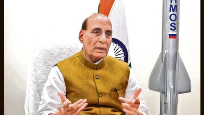 Defence minister Rajnath Singh virtually addressed the event for the launch of BrahMos integration facility on Sunday. (PTI)