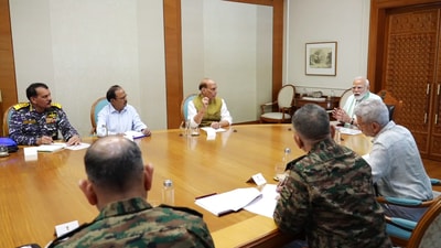 Prime Minister Narendra Modi chairs a meeting at his residence in New Delhi on Sunday. (ANI/X) Prime Minister Narendra Modi chairs a meeting at his residence in New Delhi on Sunday. (ANI/X)