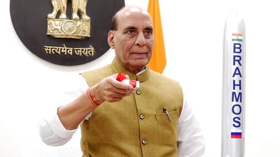 Defence minister Rajnath Singh virtually attends the inauguration of BrahMos Aerospace Integration and Testing Facility, in New Delhi, Sunday, May 11, 2025. (PTI) Defence minister Rajnath Singh virtually attends the inauguration of BrahMos Aerospace Integration and Testing Facility, in New Delhi, Sunday, May 11, 2025. (PTI)