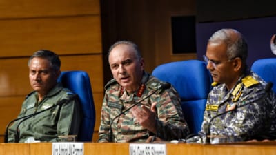 (L-R) Air Marshal AK Bharti, DGMO Lieutenant General Rajiv Ghai and Vice Admiral AN Pramod during the press conference on Operation Sindoor, in New Delhi on Sunday. (ANI) (L-R) Air Marshal AK Bharti, DGMO Lieutenant General Rajiv Ghai and Vice Admiral AN Pramod during the press conference on Operation Sindoor, in New Delhi on Sunday. (ANI)