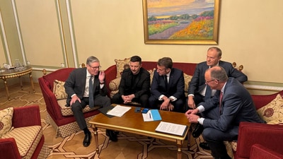 Ukraine's President Volodymyr Zelenskiy, Britain's Prime Minister Keir Starmer, French President Emmanuel Macron, German Chancellor Friedrich Merz and Polish Prime Minister Donald Tusk (via REUTERS)