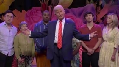 When Trump inquired if Hegseth was still drinking, Jeanine Pirro said, “No absolutely not, sir. I promised I would never have a bottle touch my lips.” (SNL)