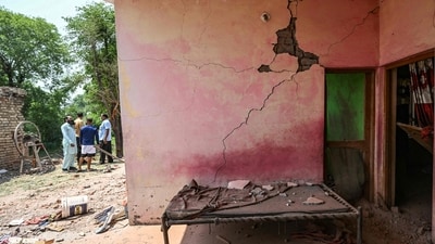 A general view of a house damaged by overnight Pakistani artillery shelling in Pahari Wala village near the Line of Control (LoC) in Jammu region on May 11, 2025. (AFP) A general view of a house damaged by overnight Pakistani artillery shelling in Pahari Wala village near the Line of Control (LoC) in Jammu region on May 11, 2025. (AFP)