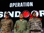 (L-R) DGMO Lieutenant General Rajiv Ghai, Air Marshal AK Bharti and Vice Admiral AN Pramod during the press conference on 'Operation Sindoor', in New Delhi on Monday. (L-R) DGMO Lieutenant General Rajiv Ghai, Air Marshal AK Bharti and Vice Admiral AN Pramod during the press conference on 'Operation Sindoor', in New Delhi on Monday.
