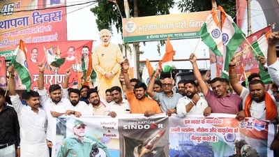 Members of Bharatiya Janata Yuva Morcha celebrating the Indian Army's strikes on Pakistan terror sites under 'Operation Sindoor', at the BJP office in Patna, Bihar, India, Wednesday, 07. 2025. (Photo by Santosh Kumar/ Hindustan Times)