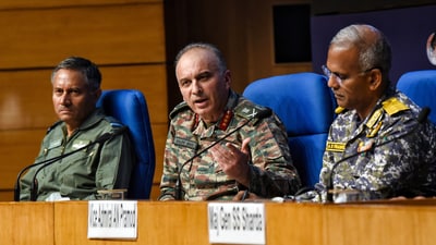 Air Marshal AK Bharti, DGMO Lieutenant General Rajiv Ghai and Vice Admiral AN Pramod during the press conference on Operation Sindoor, in New Delhi. (ANI) Air Marshal AK Bharti, DGMO Lieutenant General Rajiv Ghai and Vice Admiral AN Pramod during the press conference on Operation Sindoor, in New Delhi. (ANI)