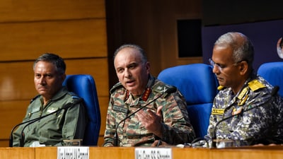 (L-R) Air Marshal AK Bharti, DGMO Lieutenant General Rajiv Ghai and Vice Admiral AN Pramod during the press conference on Operation Sindoor, in New Delhi on Sunday. (ANI ) (L-R) Air Marshal AK Bharti, DGMO Lieutenant General Rajiv Ghai and Vice Admiral AN Pramod during the press conference on Operation Sindoor, in New Delhi on Sunday. (ANI )
