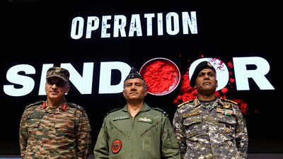 (L-R) DGMO Lieutenant General Rajiv Ghai, Air Marshal AK Bharti and Vice Admiral AN Pramod during the press conference on 'Operation Sindoor', in New Delhi on Monday. (ANI ) (L-R) DGMO Lieutenant General Rajiv Ghai, Air Marshal AK Bharti and Vice Admiral AN Pramod during the press conference on 'Operation Sindoor', in New Delhi on Monday. (ANI )