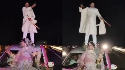 The groom and the bride danced on top of a car. The groom and the bride danced on top of a car.