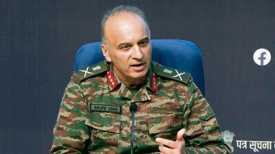 Lieutenant General Rajiv Ghai addressing a press conference on India's Operation Sindoor in New Delhi on Monday. (HT Print)