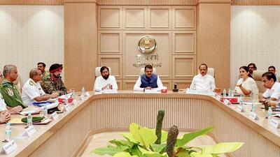 Maharashtra chief minister Devendra Fadnavis (centre) with deputy CMs Eknath Shinde (left) and Ajit Pawar chair a meeting with security officials in Mumbai on Monday. (Photo from X) Maharashtra chief minister Devendra Fadnavis (centre) with deputy CMs Eknath Shinde (left) and Ajit Pawar chair a meeting with security officials in Mumbai on Monday. (Photo from X)