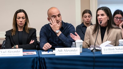  From left, Yael and Adi Alexander, parents of Eden Alexander, took a plane to Israel on Sunday night with Adam Boehler, the US hostage envoy, in a bid to be there in time for their son's release. (AP) From left, Yael and Adi Alexander, parents of Eden Alexander, took a plane to Israel on Sunday night with Adam Boehler, the US hostage envoy, in a bid to be there in time for their son's release. (AP)
