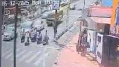 Moments before the school bus crashed into eight vehicles at an intersection in Bhopal on Monday (CCTV Videograb) Moments before the school bus crashed into eight vehicles at an intersection in Bhopal on Monday (CCTV Videograb)
