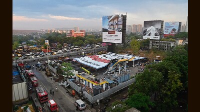 Mumbai, India - May 13, 2024:Ongoing rescue operation held by Mumbai Fire Brigade, NDRF, Mumbai Police and BMC at site after billboard fall on petrol pump following wind and dust strom at Ghatkopar, in Mumbai, India, on Monday, May 13, 2024. (Photo by Anshuman Poyrekar/ Hindustan Times) (Hindustan Times) Mumbai, India - May 13, 2024:Ongoing rescue operation held by Mumbai Fire Brigade, NDRF, Mumbai Police and BMC at site after billboard fall on petrol pump following wind and dust strom at Ghatkopar, in Mumbai, India, on Monday, May 13, 2024. (Photo by Anshuman Poyrekar/ Hindustan Times) (Hindustan Times)