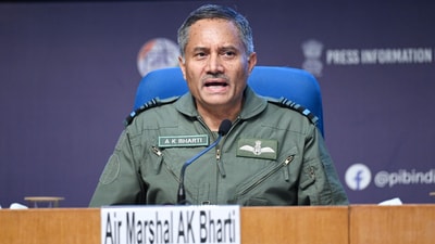 Air Marshal AK Bharti during a press conference on 'Operation Sindoor' in New Delhi on Monday (HT photo)