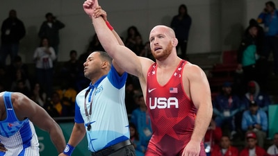 FILE - United States' Kyle Snyder, right, celebrates after winning gold against Cuba's Arturo Silot, left, during the men's 97kg wrestling freestyle final bout at the Pan American Games Santiago, Chile, Nov. 1, 2023. (AP Photo/Matias Delacroix, File) (AP) FILE - United States' Kyle Snyder, right, celebrates after winning gold against Cuba's Arturo Silot, left, during the men's 97kg wrestling freestyle final bout at the Pan American Games Santiago, Chile, Nov. 1, 2023. (AP Photo/Matias Delacroix, File) (AP)