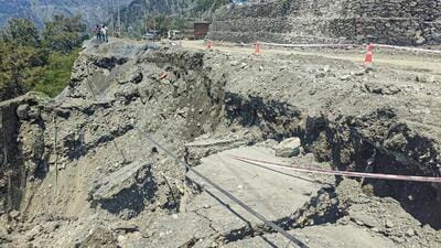 The Jammu-Srinagar National Highway (NH-44) was closed for the second day following the collapse of a road segment in Ramban on Monday. (ANI Photo)