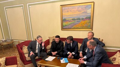 Ukraine's President Volodymyr Zelenskiy, Britain's Prime Minister Keir Starmer, French President Emmanuel Macron, German Chancellor Friedrich Merz and Polish Prime Minister Donald Tusk (via REUTERS)