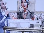 Kim Kardashian testifies at court during the trial of 10 people accused of stealing millions of dollars worth of jewellery from her at gunpoint in her apartment during Paris Fashion Week in 2016, a trial known as the "Rue Tronchet" affair, in Paris, France, May 13, 2025, in this courtroom sketch. REUTERS/ZZIIGG