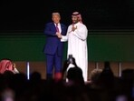 US President Donald Trump greets Saudi Crown Prince Mohammed bin Salman during the Saudi-US investment forum at the King Abdul Aziz International Conference Centre in Riyadh on May 13, 2025.