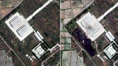 Updated Maxar satellite imagery shows destruction at Shahbaz Air Base in Jacobabad following Indian airstrikes. (REUTERS) Updated Maxar satellite imagery shows destruction at Shahbaz Air Base in Jacobabad following Indian airstrikes. (REUTERS)