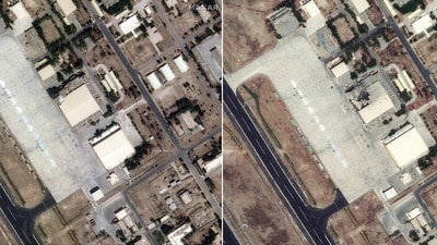 Satellite images show before-and-after visuals of the Indian airstrike on Sukkur Air Base. Targets included radars, control centres, and weapons depots, according to Colonel Sofiya Qureshi. (REUTERS) Satellite images show before-and-after visuals of the Indian airstrike on Sukkur Air Base. Targets included radars, control centres, and weapons depots, according to Colonel Sofiya Qureshi. (REUTERS)