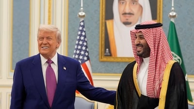 President Donald Trump and Saudi Crown Prince Mohammed bin Salman gesture as they meet delegations at the Royal Palace in Riyadh, Saudi Arabia, Tuesday, May 13, 2025. AP/PTI(AP05_13_2025_000183B) (AP) President Donald Trump and Saudi Crown Prince Mohammed bin Salman gesture as they meet delegations at the Royal Palace in Riyadh, Saudi Arabia, Tuesday, May 13, 2025. AP/PTI(AP05_13_2025_000183B) (AP)