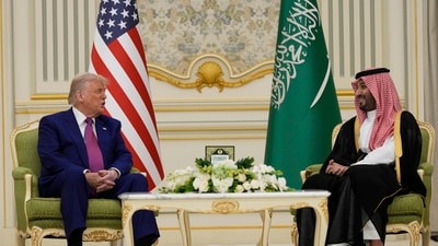 President Donald Trump and Saudi Crown Prince Mohammed bin Salman speak during a meeting at the Royal Palace in Riyadh, Saudi Arabia, Tuesday, May 13, 2025. AP/PTI(AP05_13_2025_000223B) (AP) President Donald Trump and Saudi Crown Prince Mohammed bin Salman speak during a meeting at the Royal Palace in Riyadh, Saudi Arabia, Tuesday, May 13, 2025. AP/PTI(AP05_13_2025_000223B) (AP)