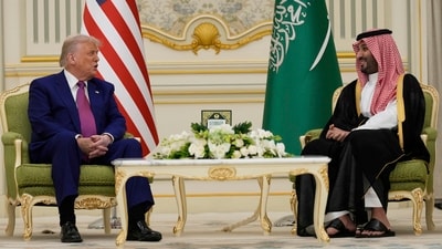President Donald Trump and Saudi Crown Prince Mohammed bin Salman speak during a meeting at the Royal Palace in Riyadh, Saudi Arabia, Tuesday, May 13, 2025. AP/PTI(AP05_13_2025_000223B) (AP) President Donald Trump and Saudi Crown Prince Mohammed bin Salman speak during a meeting at the Royal Palace in Riyadh, Saudi Arabia, Tuesday, May 13, 2025. AP/PTI(AP05_13_2025_000223B) (AP)
