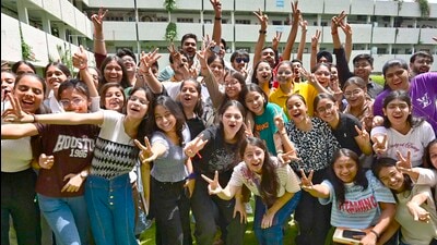 Class 12 students in a jubilant mood after the declaration of results in BCM Arya Model Senior Secondary School in Ludhiana on Tuesday. (Gurpreet Singh/HT) Class 12 students in a jubilant mood after the declaration of results in BCM Arya Model Senior Secondary School in Ludhiana on Tuesday. (Gurpreet Singh/HT)