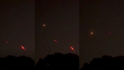 In this combo photo, red streaks are seen as India's air defence intercepts suspected drones, near the International Border, in Samba district, J&K, Monday. (PTI) In this combo photo, red streaks are seen as India's air defence intercepts suspected drones, near the International Border, in Samba district, J&K, Monday. (PTI)
